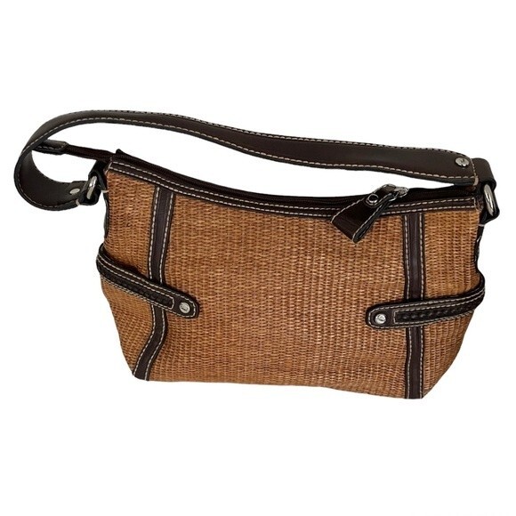 FOSSIL Straw Shoulder Bag Brown Vegan Leather Trim Striped Fabric Lining - Picture 11 of 11